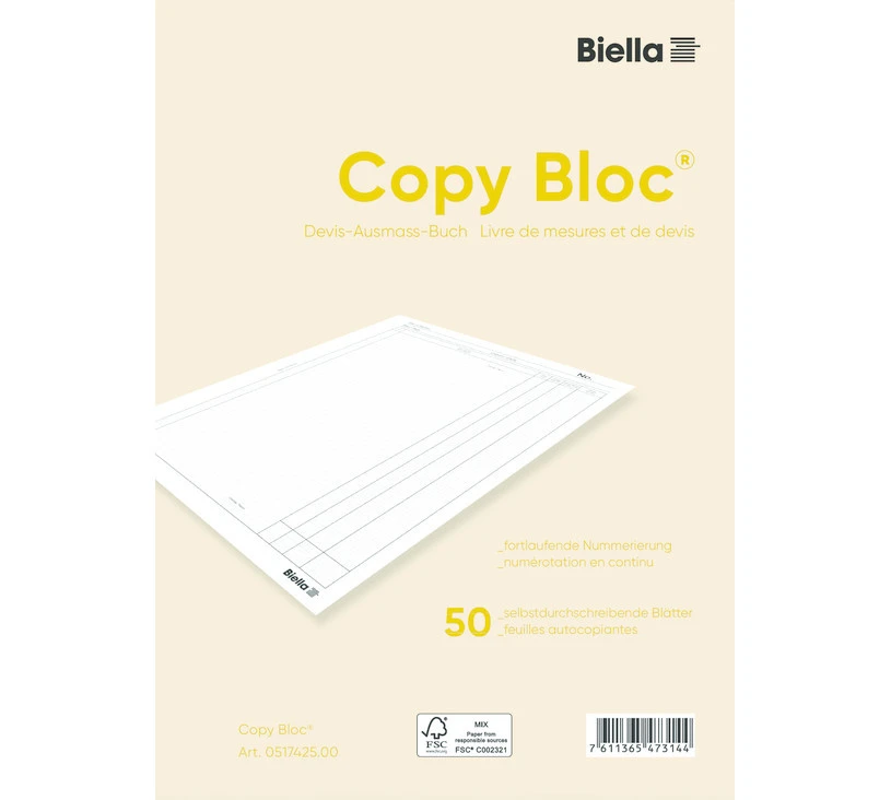 BIELLA Copy Bloc de mesures et de devis A4, 50 feuillets