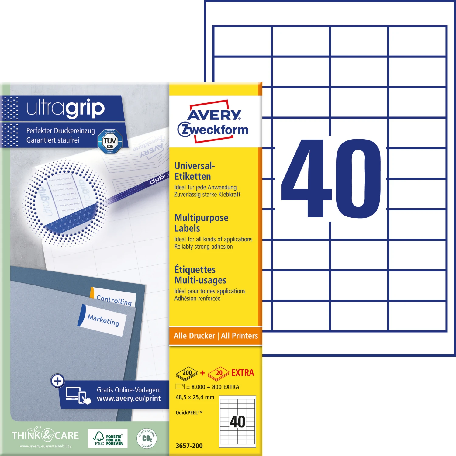 AVERY ZWECKFORM 3657-200 Etiketten, 48.5 x 25.4 mm, 200+20 Blatt