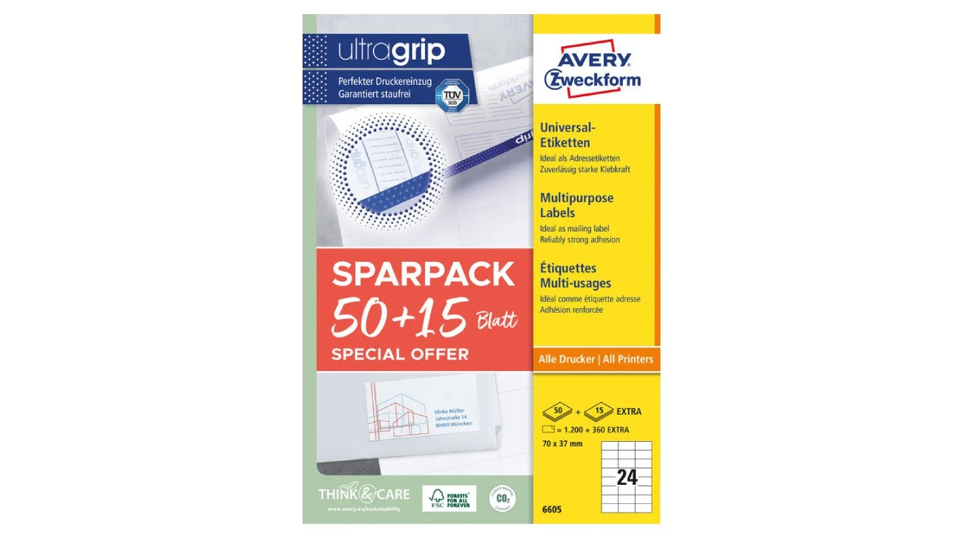 AVERY ZWECKFORM 6605 Etiketten Universal, 70 x 37 mm, 50 + 15 Blatt