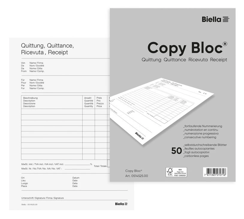 BIELLA Copy Bloc quittances A5, 50 feuillets