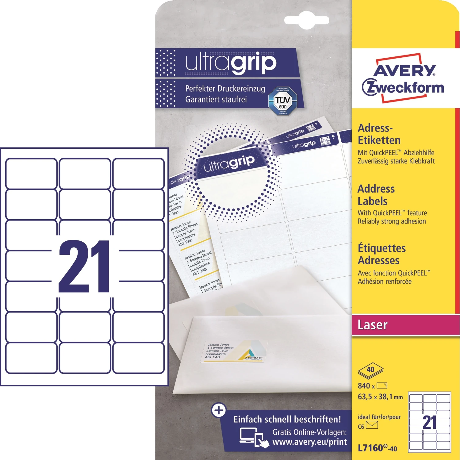 AVERY ZWECKFORM L7160-40 Adressetiketten, 63.5 x 38.1 mm, 40 Blatt