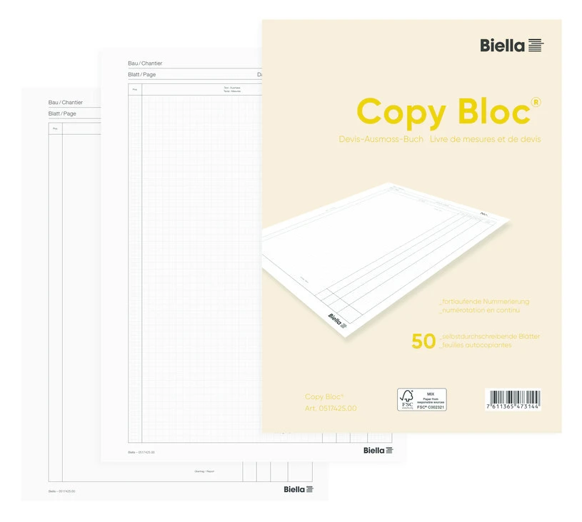 BIELLA Copy Bloc de mesures et de devis A4, 50 feuillets