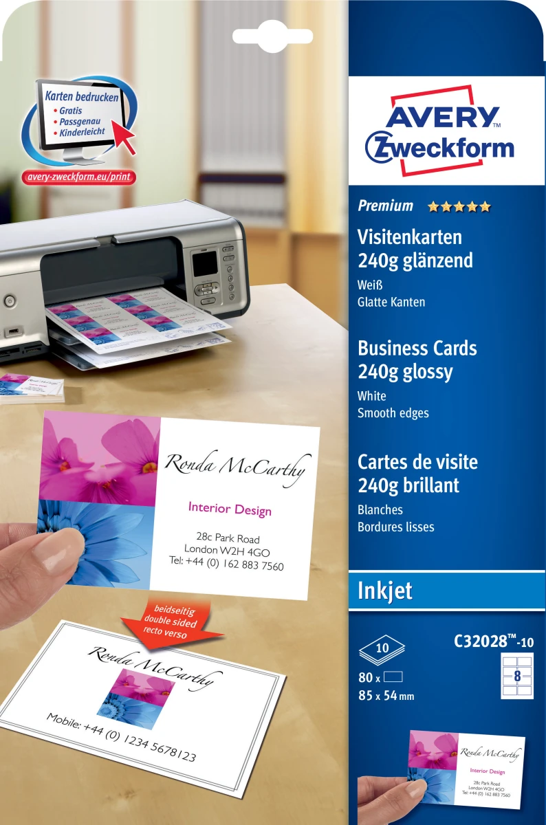 AVERY ZWECKFORM C32028-10 Cartes de visite InkJet A4
