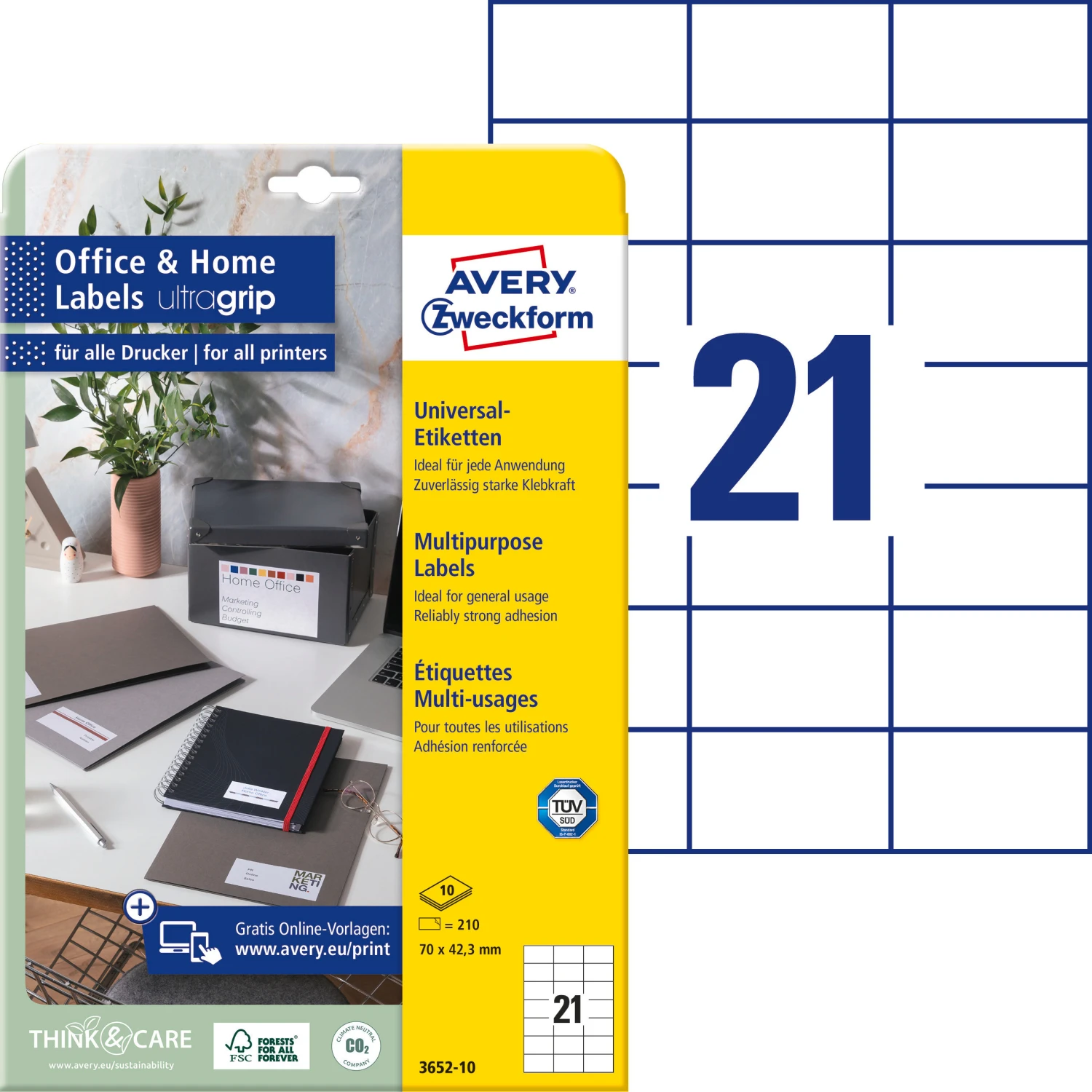 AVERY ZWECKFORM 3652-10 Etiketten, 70 x 42.3 mm, 10 Blatt