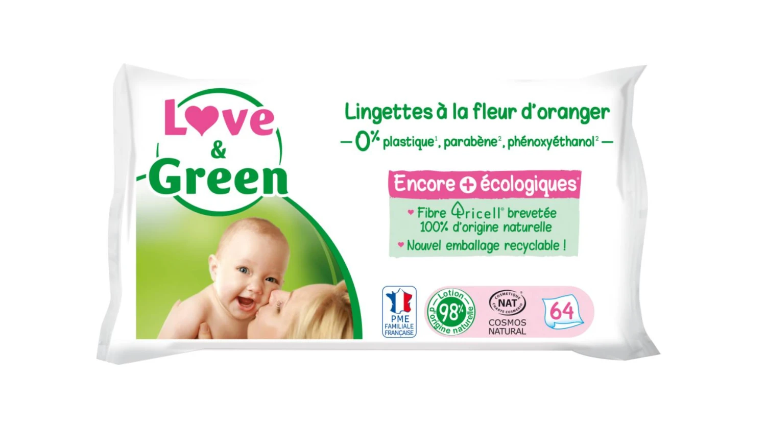 LOVE & GREEN Lingettes à la fleur d'oranger 64 pièces