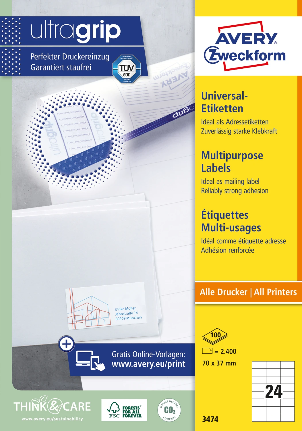 AVERY ZWECKFORM 3474 Étiquettes, 70 x 37 mm, 100 feuilles