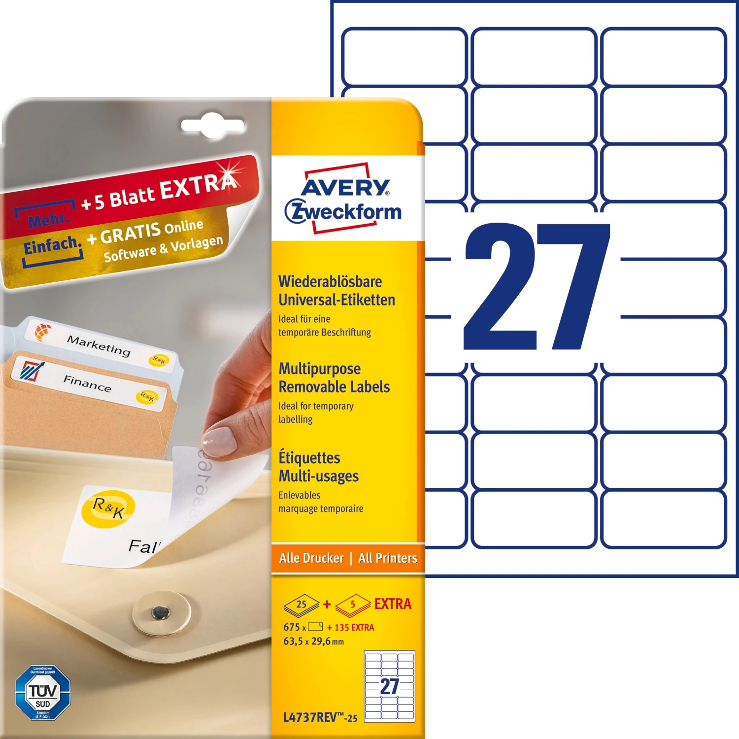 AVERY ZWECKFORM L4737REV-25 Étiquettes, 63.5 x 29.6 mm, 25 + 5 feuilles