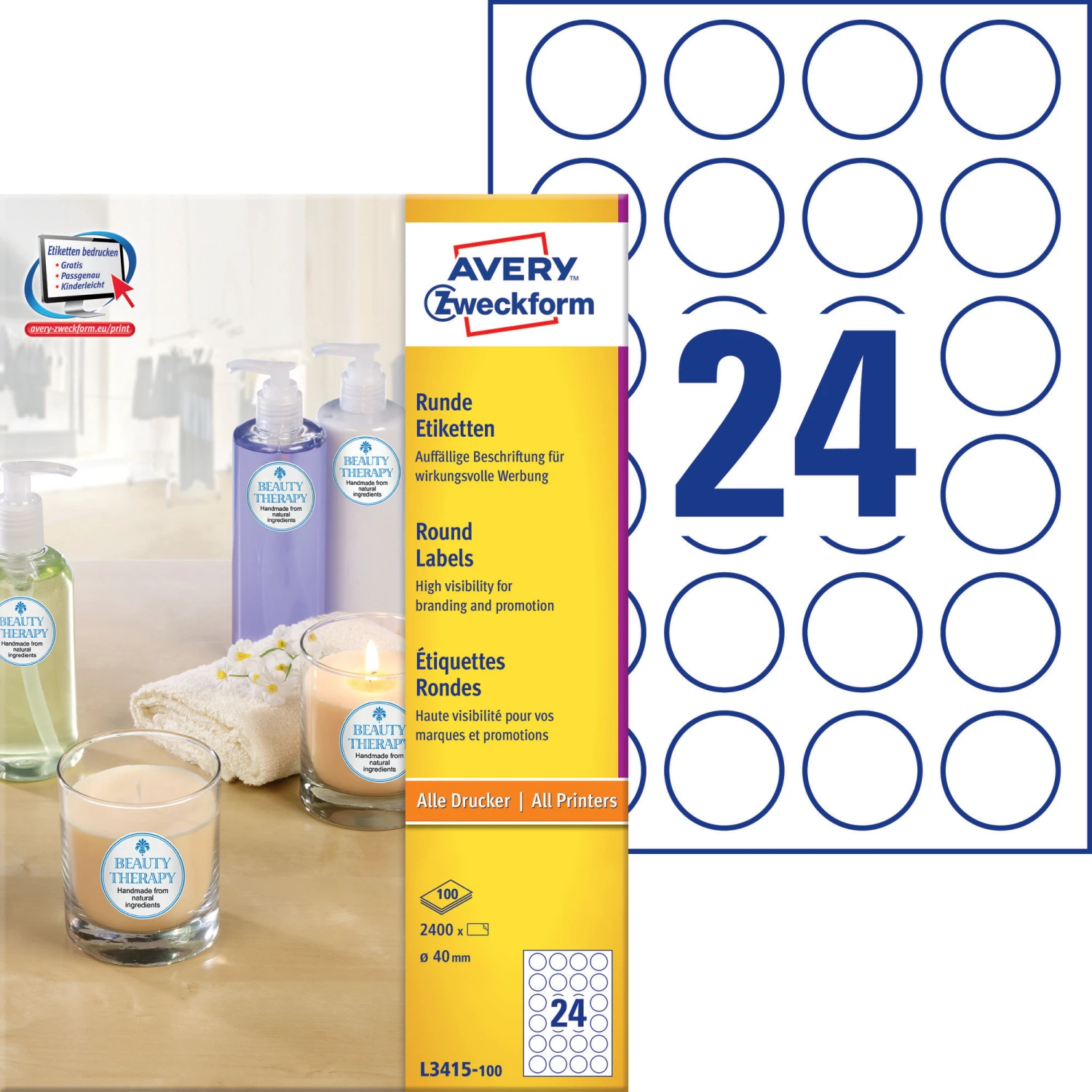 AVERY ZWECKFORM L3415-100 Etiketten, ø 40 mm, 100 Blatt