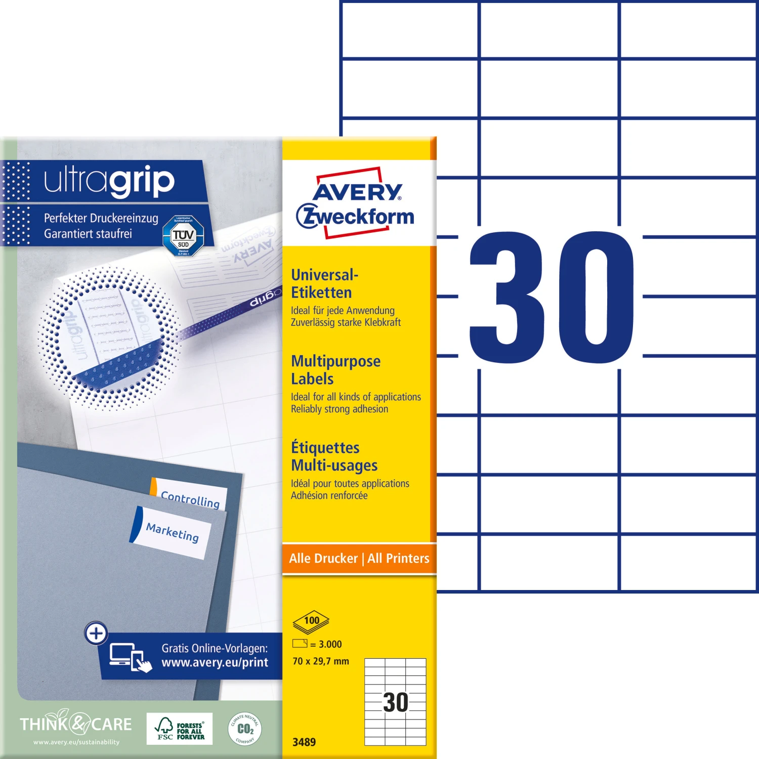 AVERY ZWECKFORM 3489 Etiketten, 70 x 29.7 mm, 100 Blatt
