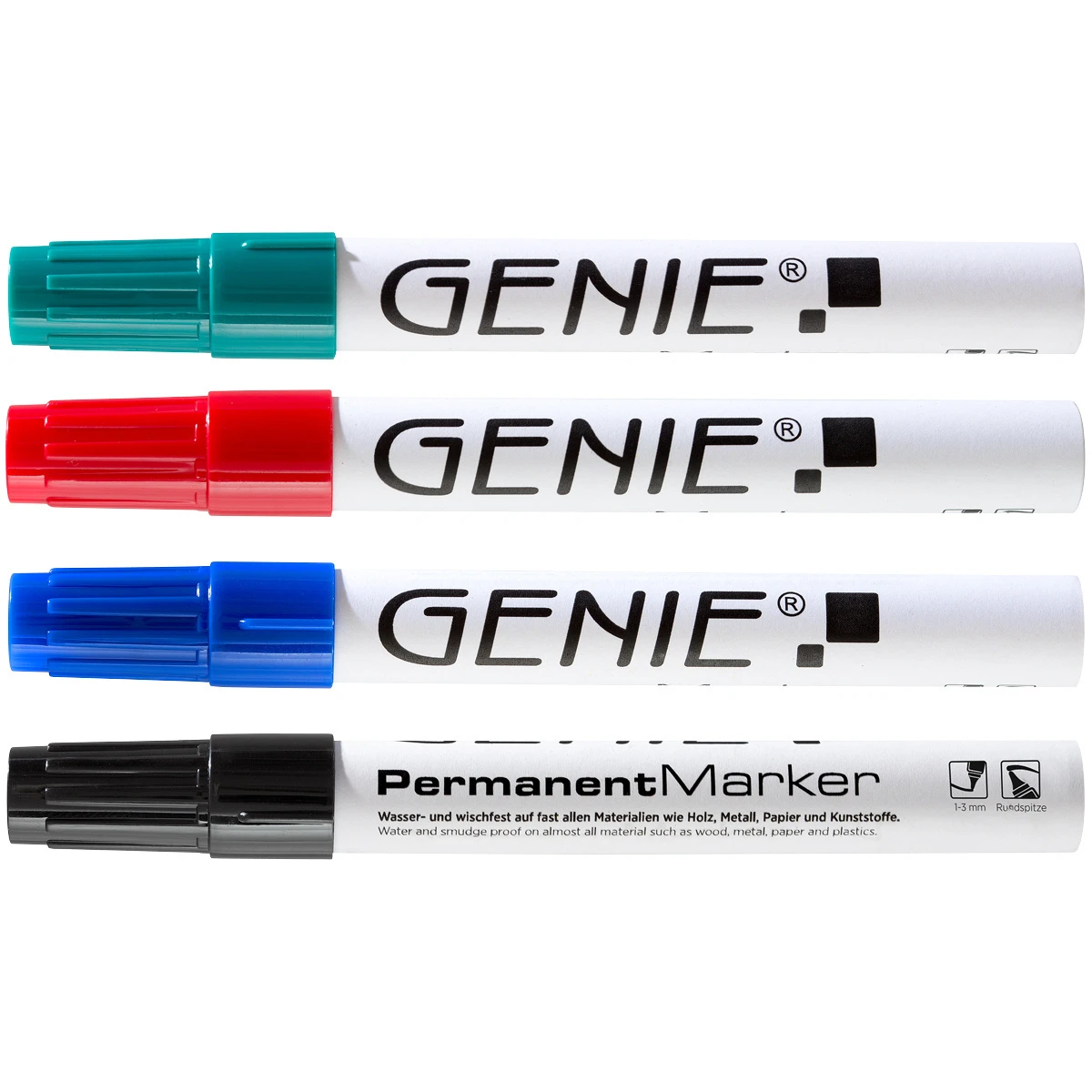 Marqueur permanent Genie en étui de 4, pointe ogive, noir, bleu, vert, rouge