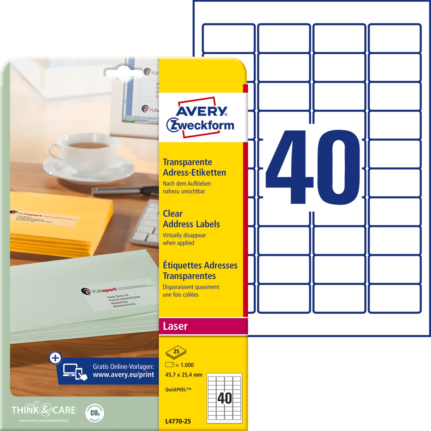 AVERY ZWECKFORM L4770-25 Adressetiketten, 45.7 x 25.4 mm, 25 Blatt