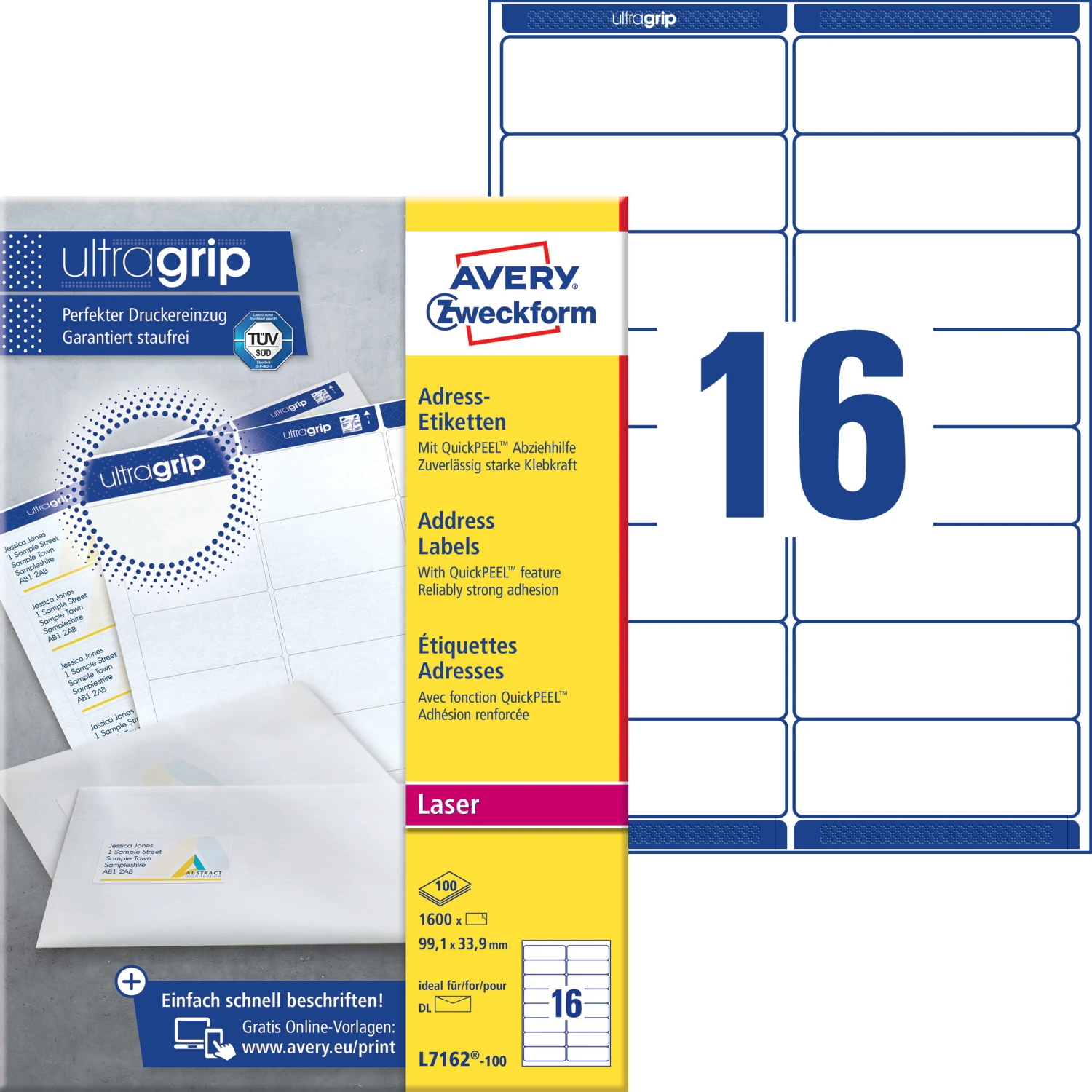 AVERY ZWECKFORM L7162-100 Etiketten, 99.1 x 33.9 mm, 100 Blatt