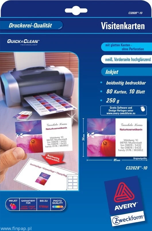AVERY ZWECKFORM C32028-10 Cartes de visite InkJet A4