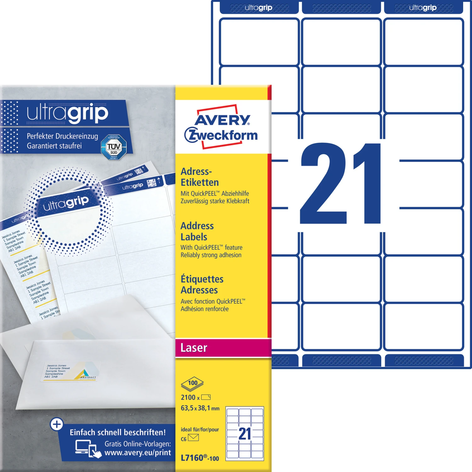AVERY ZWECKFORM L7160-100 Etiketten, 63.5 x 38.1 mm, 100 Blatt