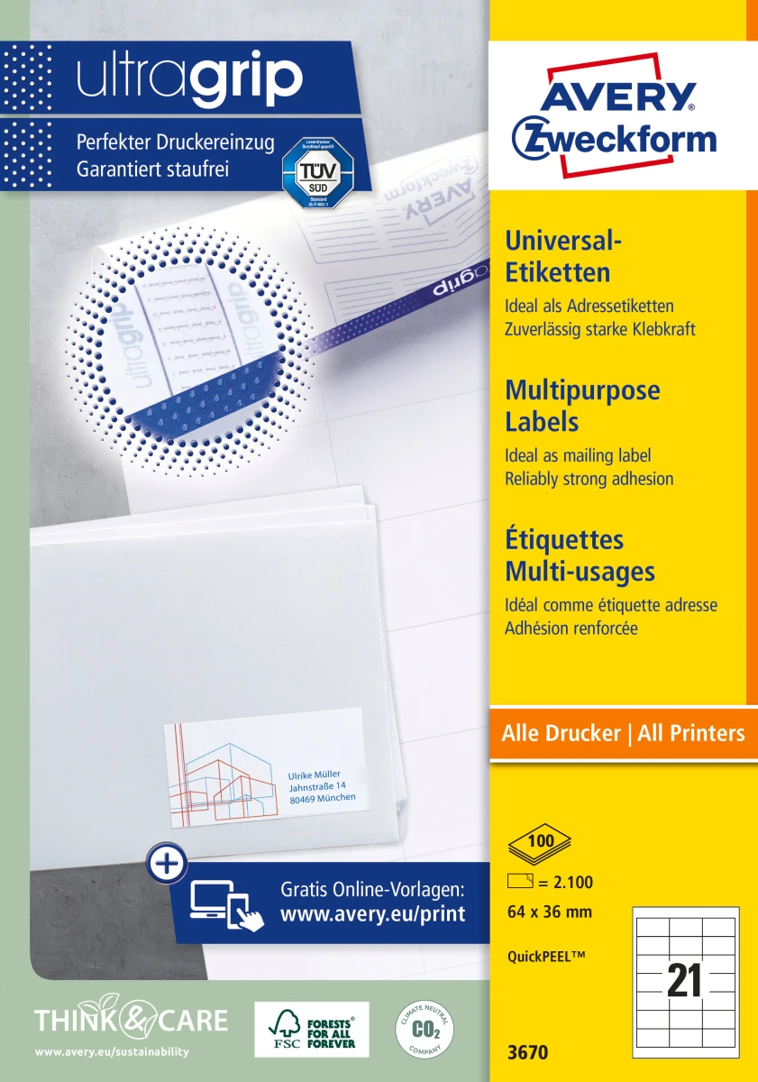 AVERY ZWECKFORM 3670 Etiketten, 64 x 36 mm, 100 Blatt