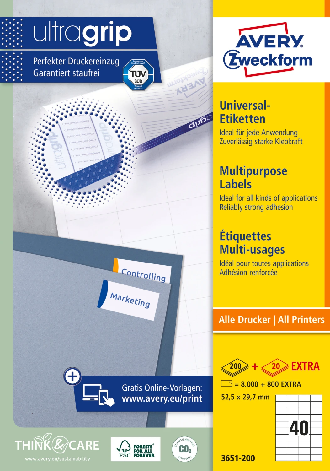 AVERY ZWECKFORM 3651-200 Etiketten, 52.5 × 29.7 mm, 200 + 20 Blatt