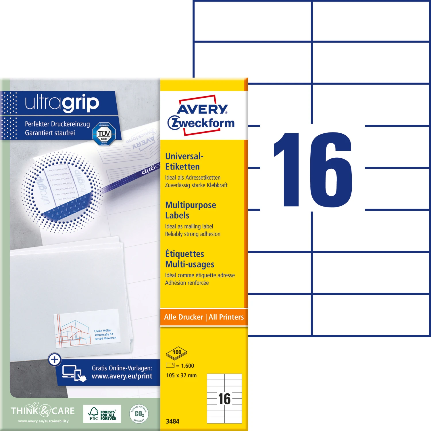 AVERY ZWECKFORM 3484 Etiketten, 105 x 37 mm, 100 Blatt