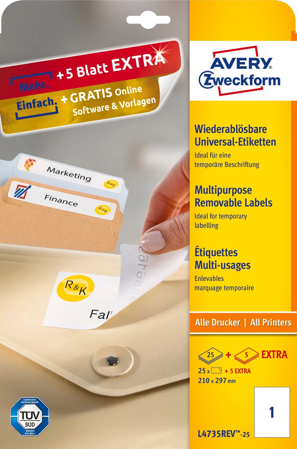AVERY ZWECKFORM L4735REV-25 Etiketten, 210 x 297 mm, 25 + 5 Blatt