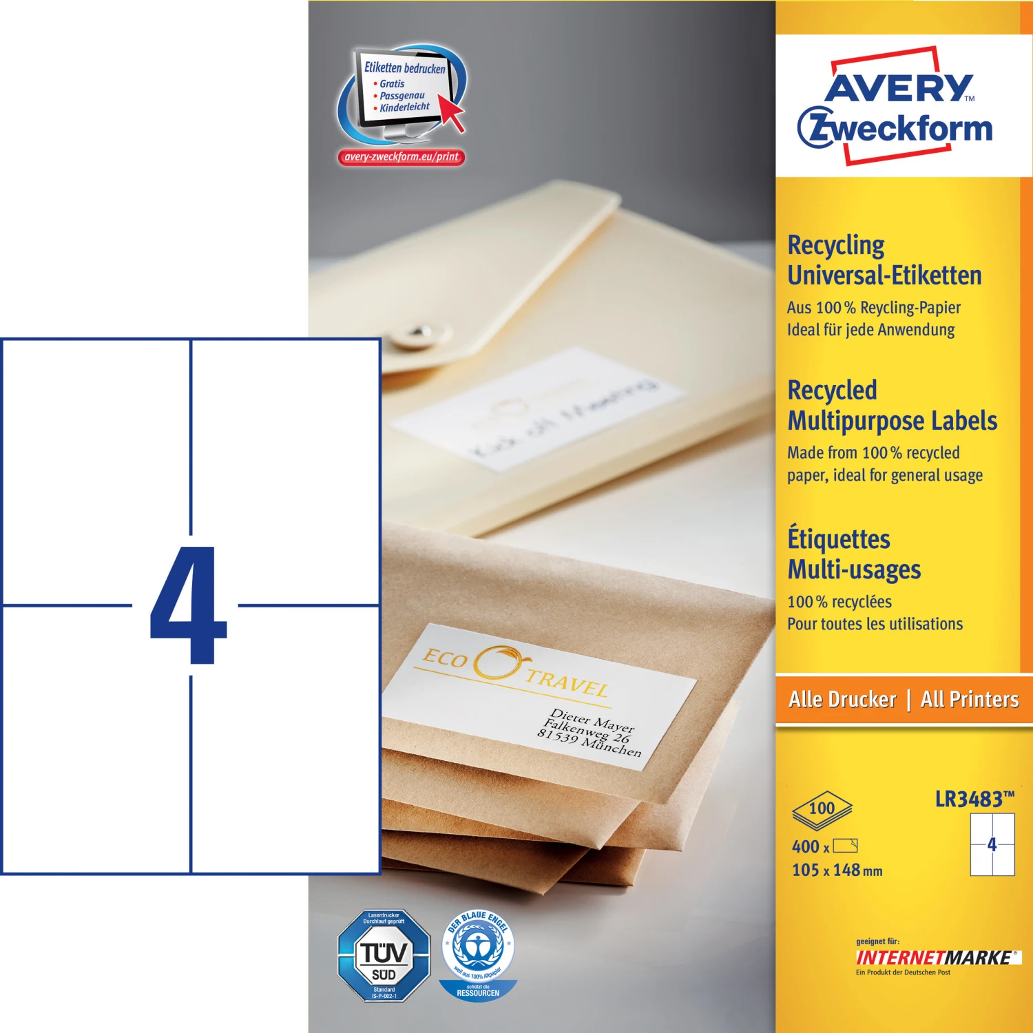 AVERY ZWECKFORM LR3483 Étiquettes, 105 x 148 mm, 100 feuilles