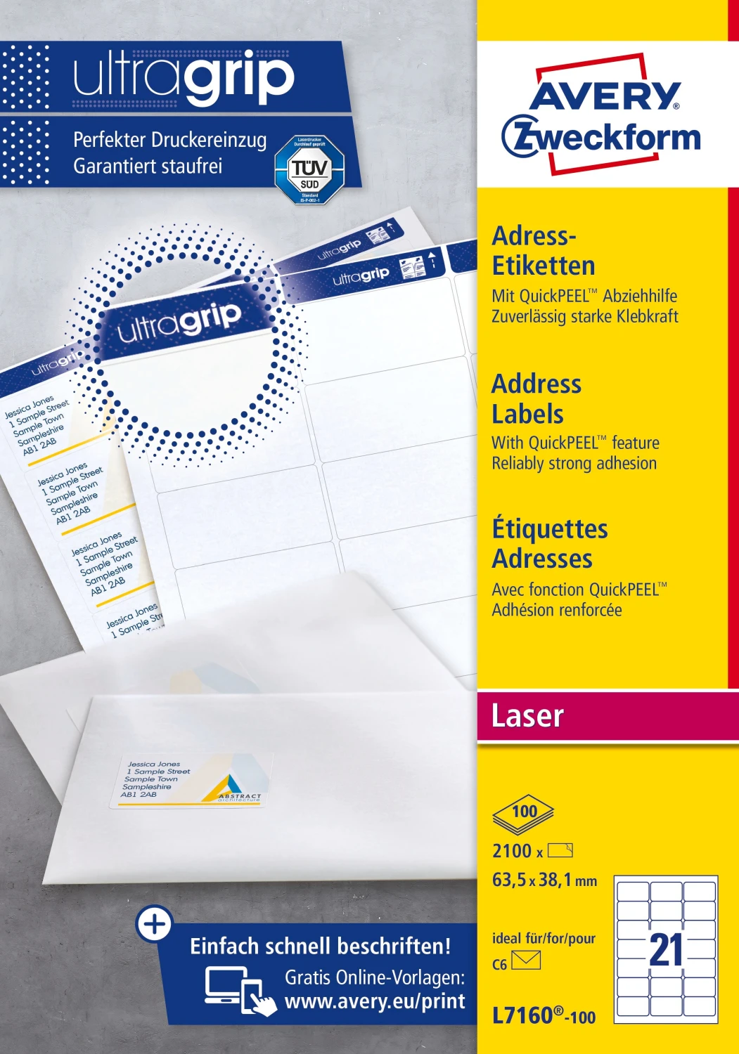 AVERY ZWECKFORM L7160-100 Etiketten, 63.5 x 38.1 mm, 100 Blatt