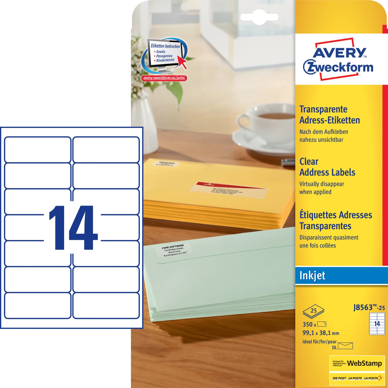 AVERY ZWECKFORM J8563-25 Etiketten, 99.1 x 38.1 mm, 25 Blatt