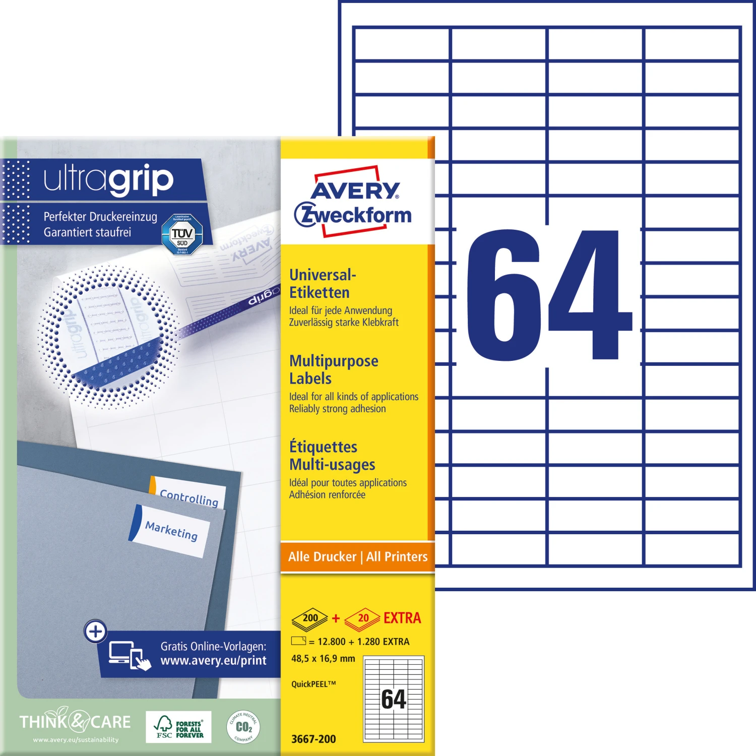 AVERY ZWECKFORM 3667-200 Etiketten, 48.5 × 16.9 mm, 200 + 20 Blatt