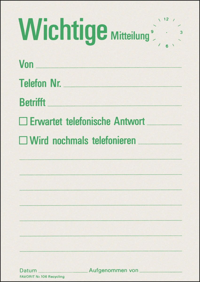 Blocs feuilles Favorit No 106, "Wichtige Mitteilung"