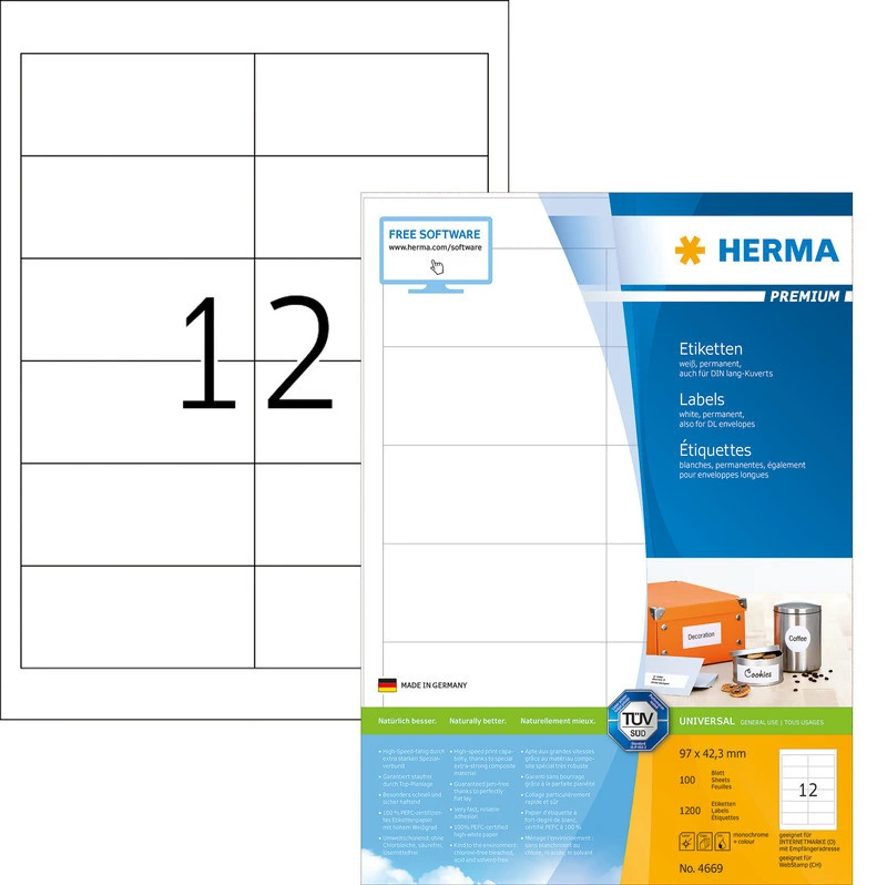HERMA 4669 Étiquettes, 97 mm x 42.3 mm, 100 feuilles