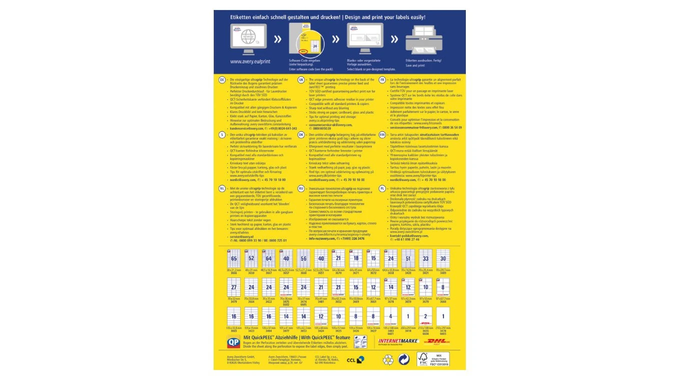 AVERY ZWECKFORM 6605 Etiketten Universal, 70 x 37 mm, 50 + 15 Blatt