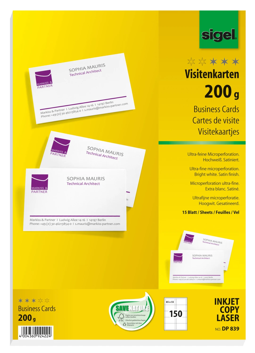 SIGEL DP839 Visitenkarten 85x55mm