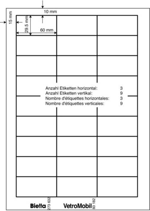 BIELLA Etiquettes neutre VetroMobil A4, 60 x 30 mm, 10 feuilles