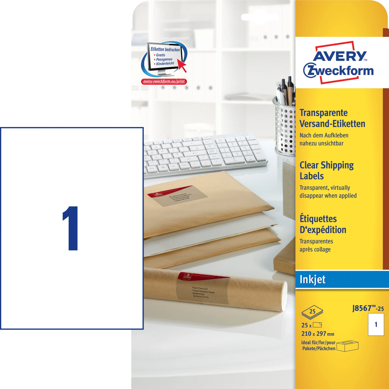 AVERY ZWECKFORM J8567-25 Etiketten, 210 x 297 mm, 25 Blatt