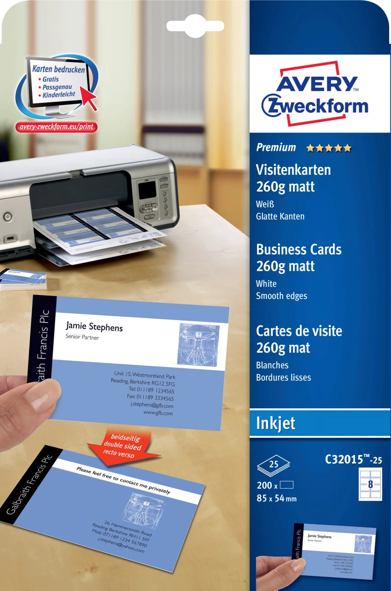 AVERY Zweckform C32015-25 Cartes de visite, 85 x 54 mm, 25 feuilles