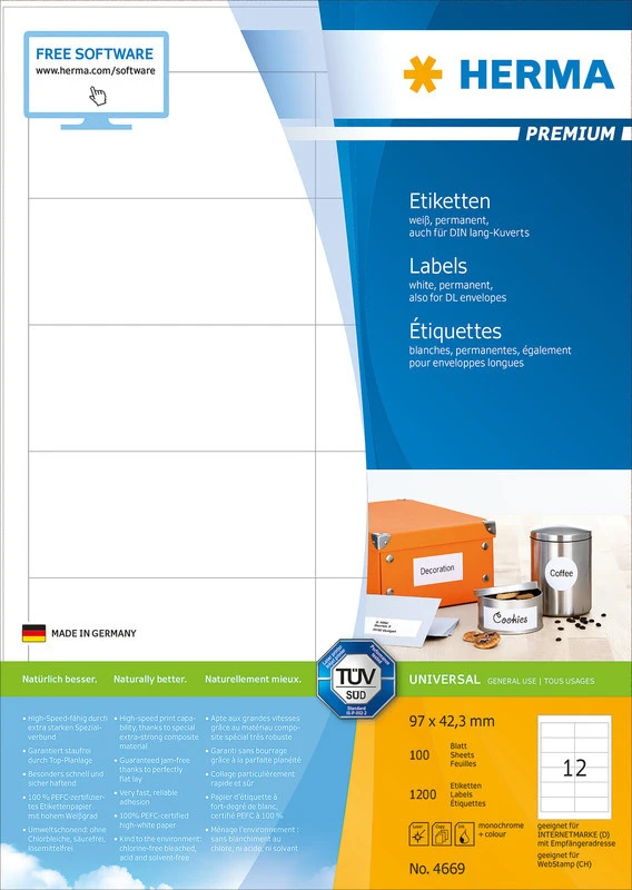 HERMA 4669 Étiquettes, 97 mm x 42.3 mm, 100 feuilles