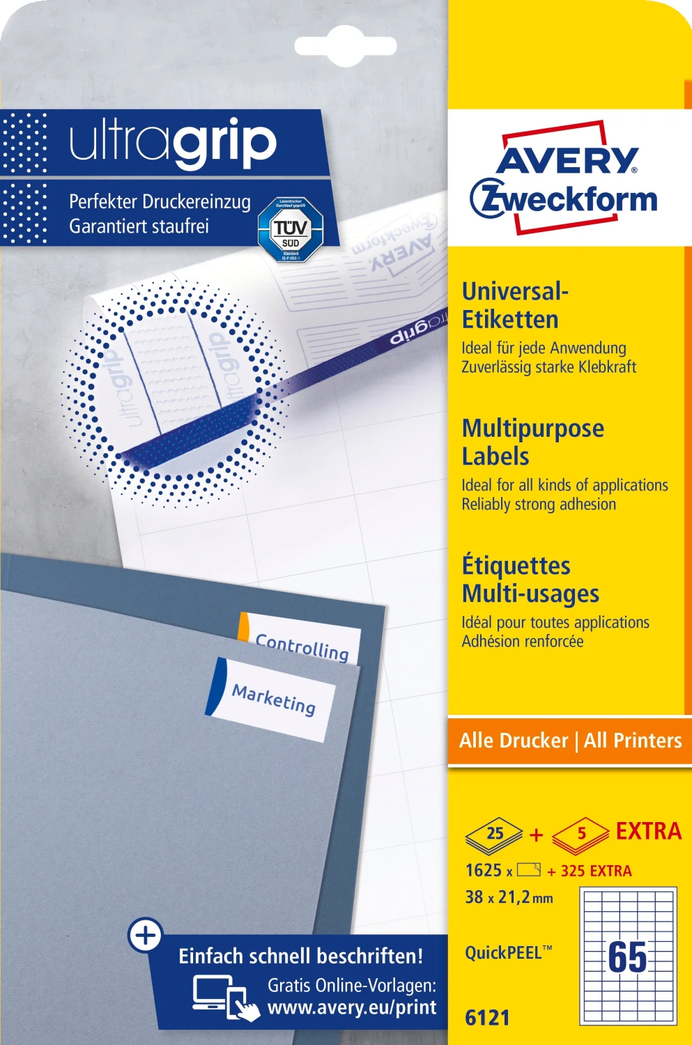AVERY ZWECKFORM 6121 Etiketten, 38 x 21.2 mm, 25 + 5 Blatt