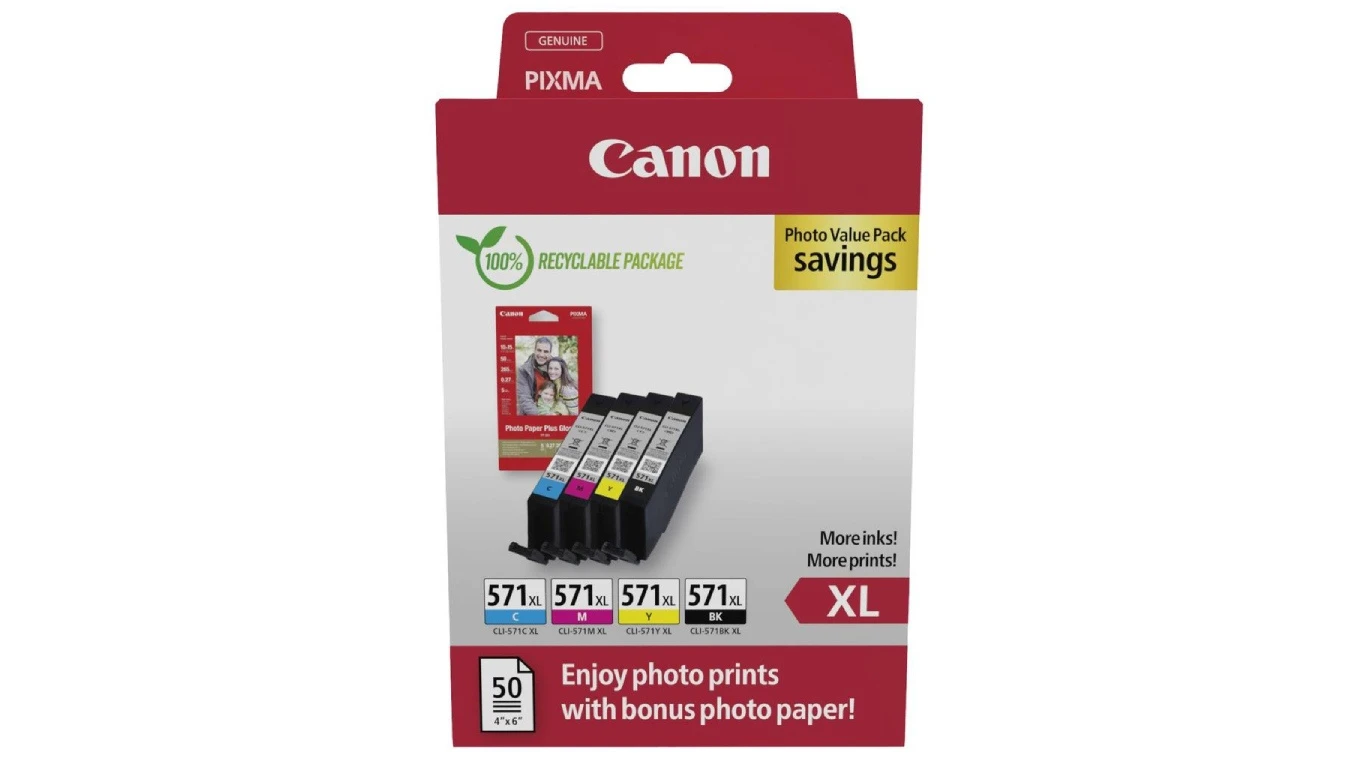 CANON CLI-571XL Ink Cartridge, C/M/Y/BK, + PHOTO, PACK 0332C006