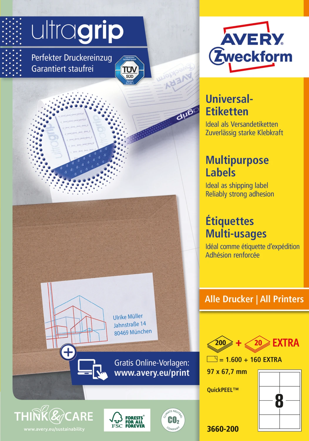 AVERY ZWECKFORM 3660-200 Étiquettes, 97 × 67,7 mm, 200 + 20 feuilles