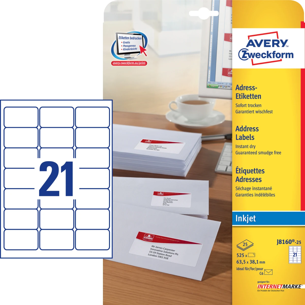 AVERY ZWECKFORM J8160-25 Étiquettes adresse, 63.5 x 38.1 mm, 25 feuilles
