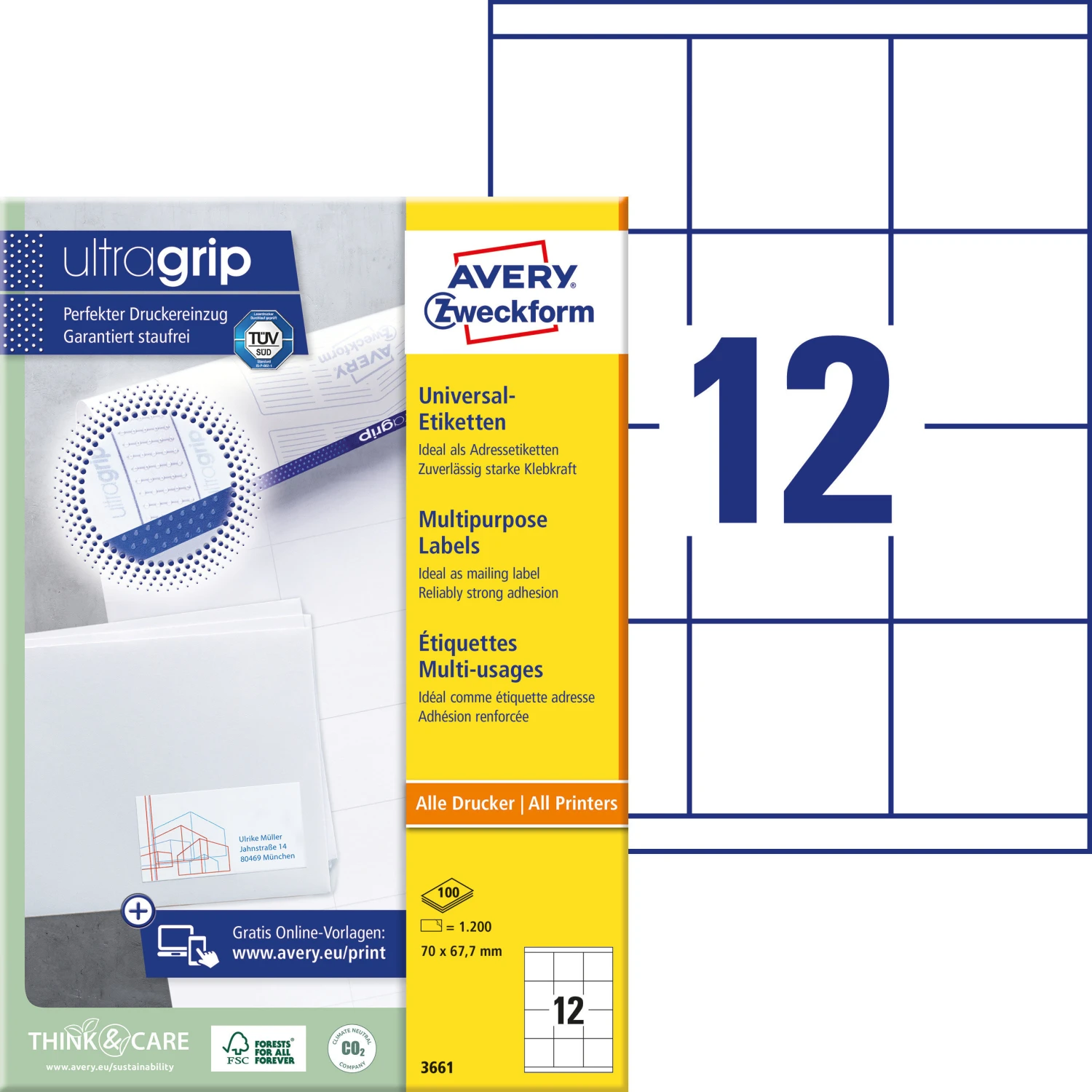 AVERY ZWECKFORM 3661 Etiketten, 70 x 67.7 mm, 100 Blatt