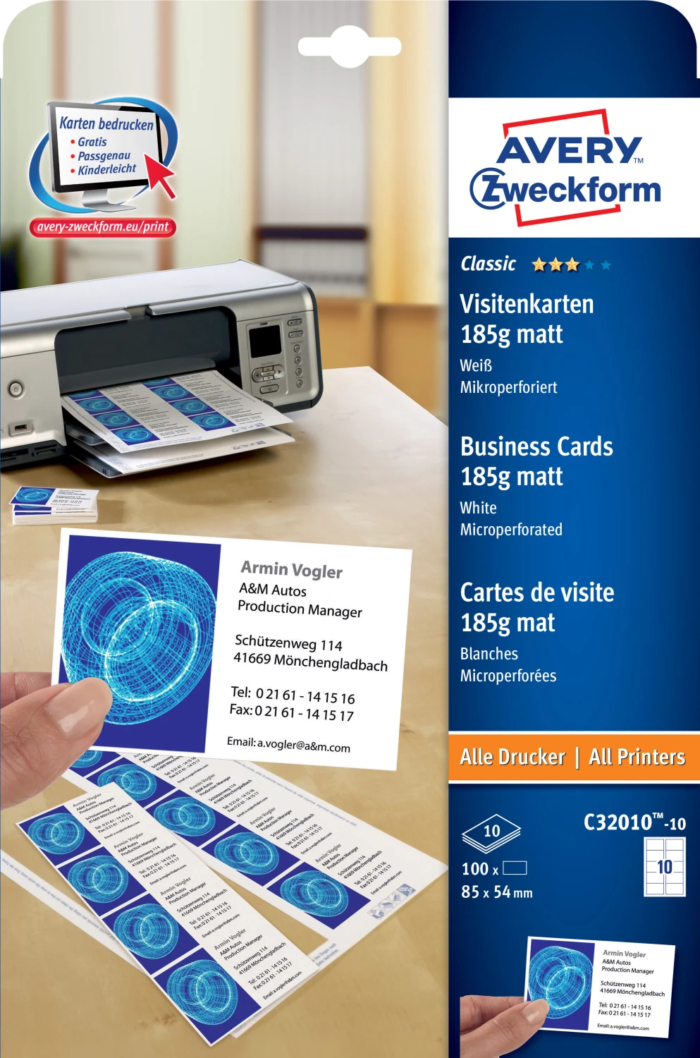 AVERY ZWECKFORM C32010-10 Visitenkarten 185g matt