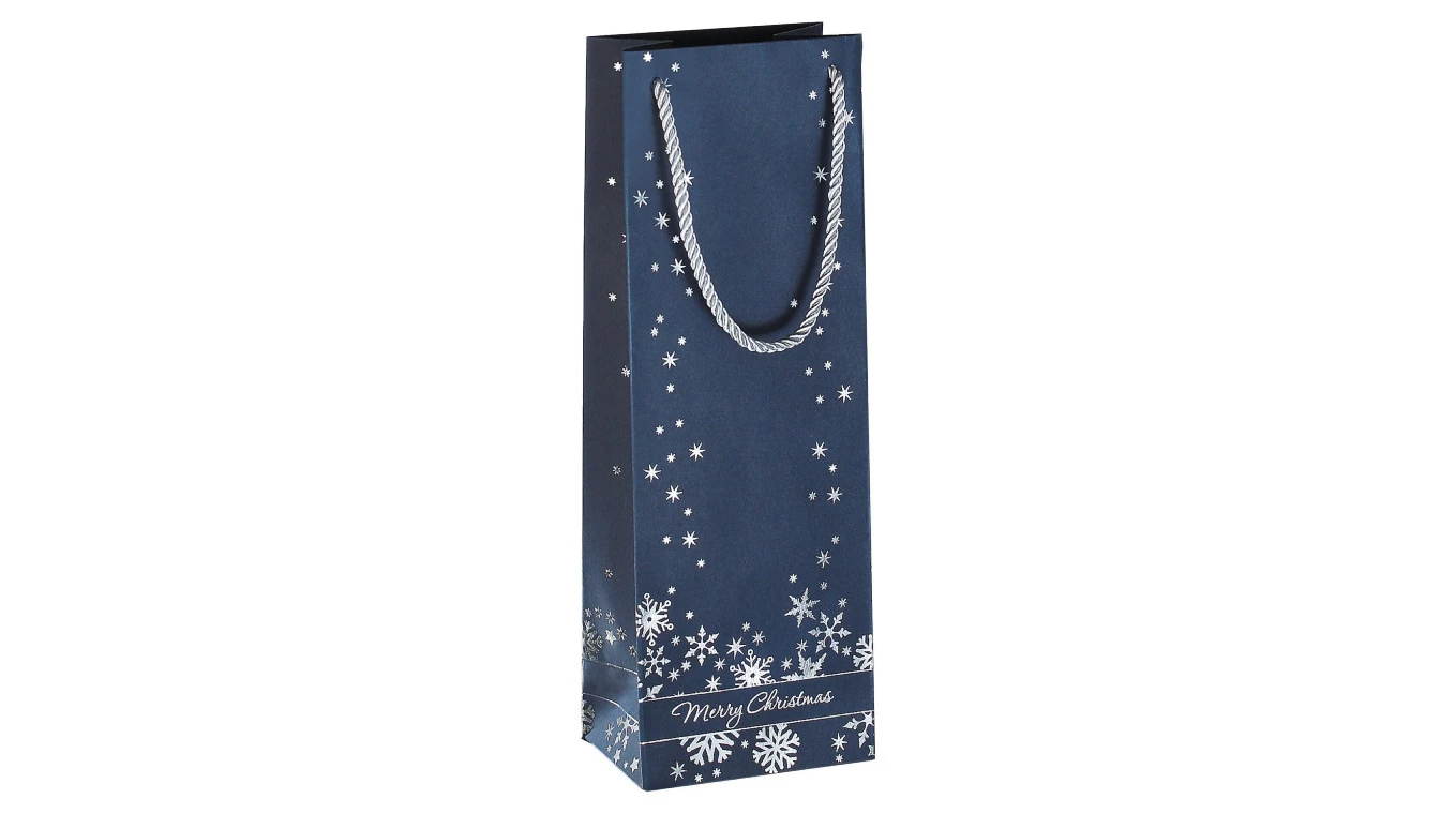 Sacs cadeaux "flocons de neige"avec un relief argenté, pour bouteilles