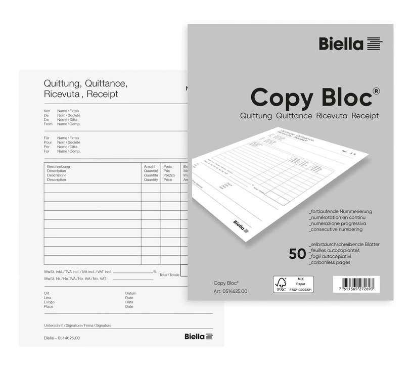 BIELLA Copy Bloc quittances A6, 50 feuillets