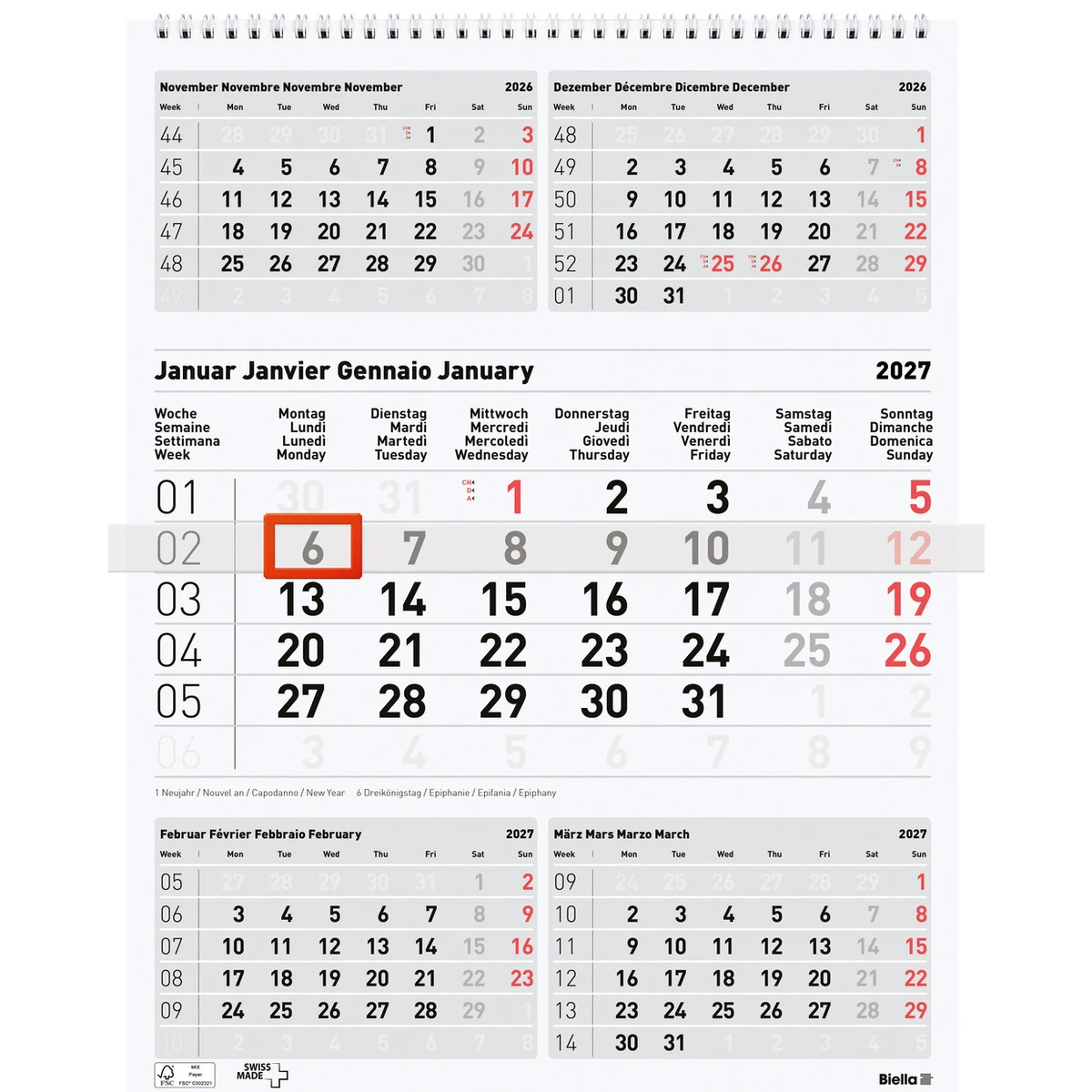 BIELLA 5 Monatskalender Wire-O - Format: 31 x 40 cm