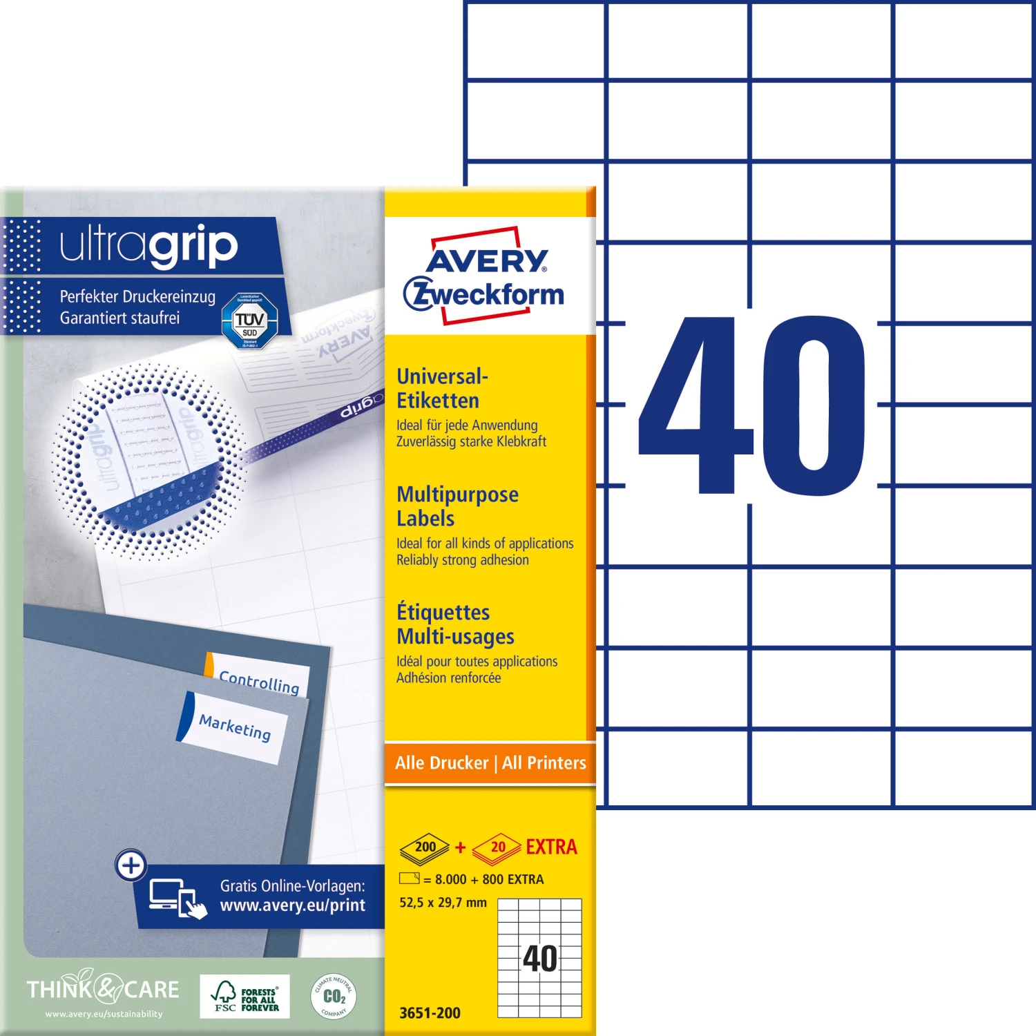 AVERY ZWECKFORM 3651-200 Etiketten, 52.5 × 29.7 mm, 200 + 20 Blatt