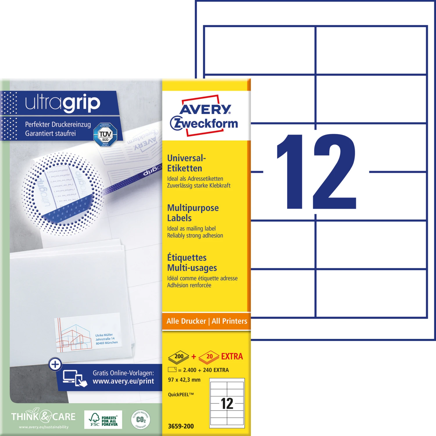 AVERY ZWECKFORM 3659-200 Etiketten, 97 x 42.3 mm, 200 + 20 Blatt