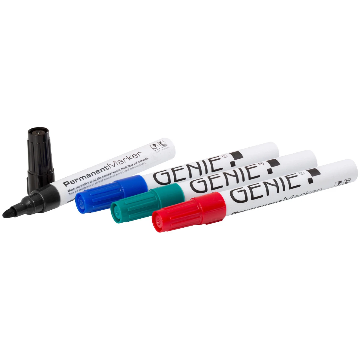 Marqueur permanent Genie en étui de 4, pointe ogive, noir, bleu, vert, rouge