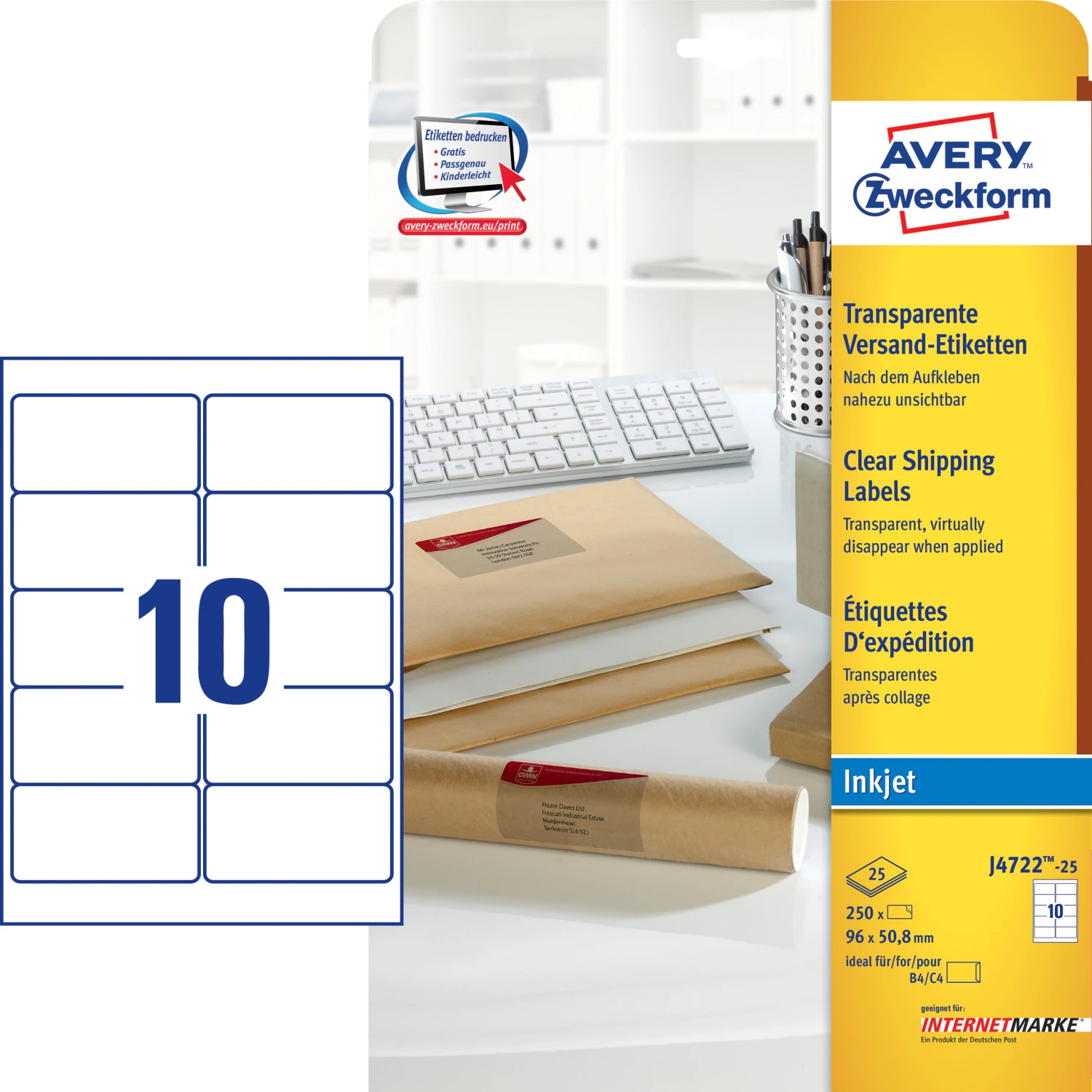 AVERY ZWECKFORM J4722-25 Etiketten, 96 x 50.8 mm, 25 Blatt