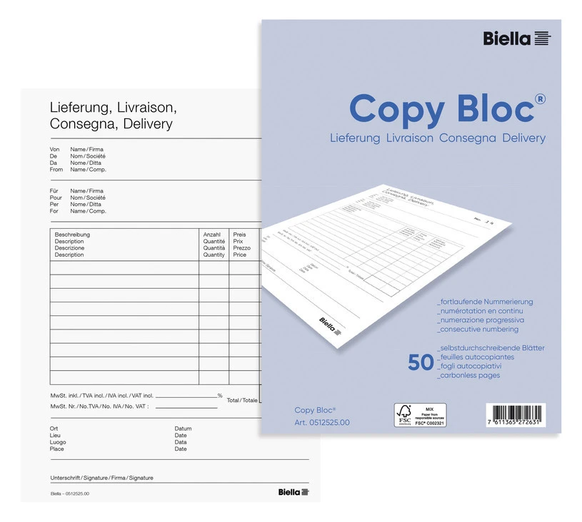 BIELLA Lieferscheine Copy-Bloc A5, 50 Blatt