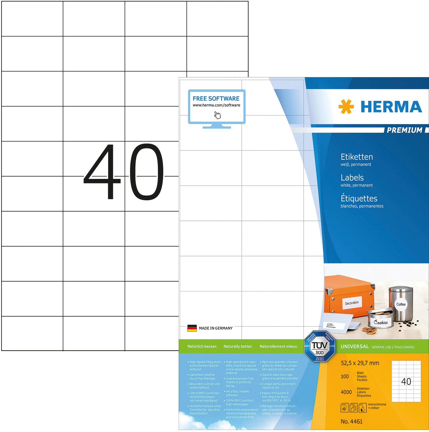 HERMA 4461 Étiquettes Universel, 52.5 x 29.7 mm, 100 feuilles