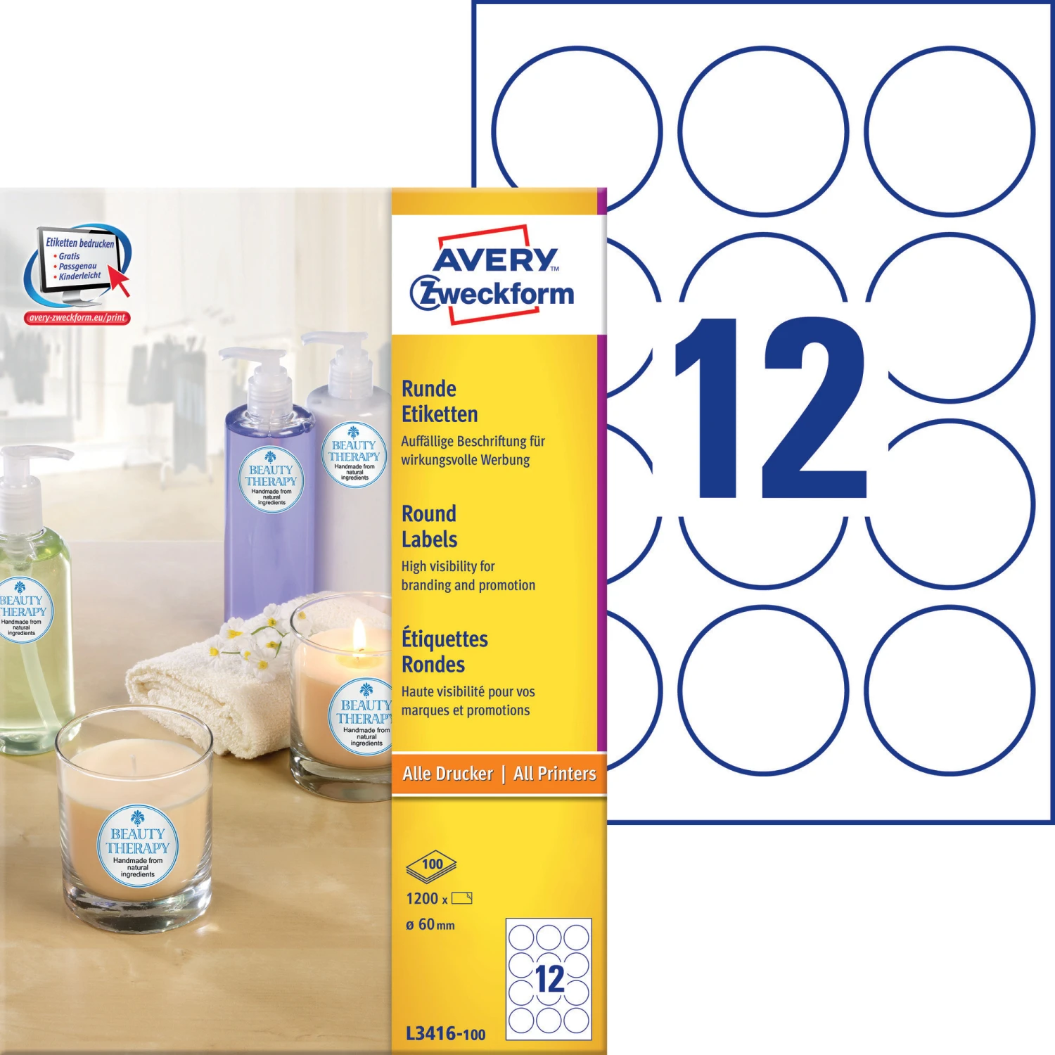 AVERY ZWECKFORM L3416-100 Etiketten, ø 60 mm, 100 Blatt